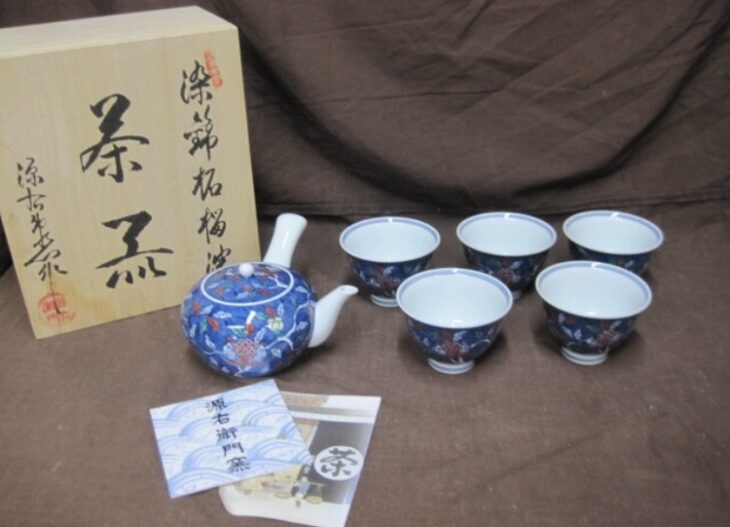 源右衛門窯 染錦 柘榴絵 茶器 急須 湯呑 舘林源右衛門 有田焼 共箱